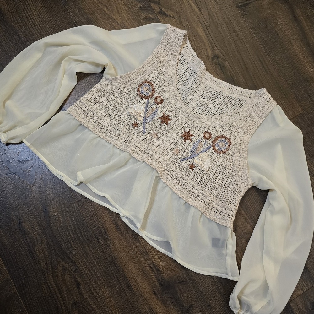 Crochet Vest Sheer Puff Sleeve Crop Top Cream Embroidered Floral Boho M Festival